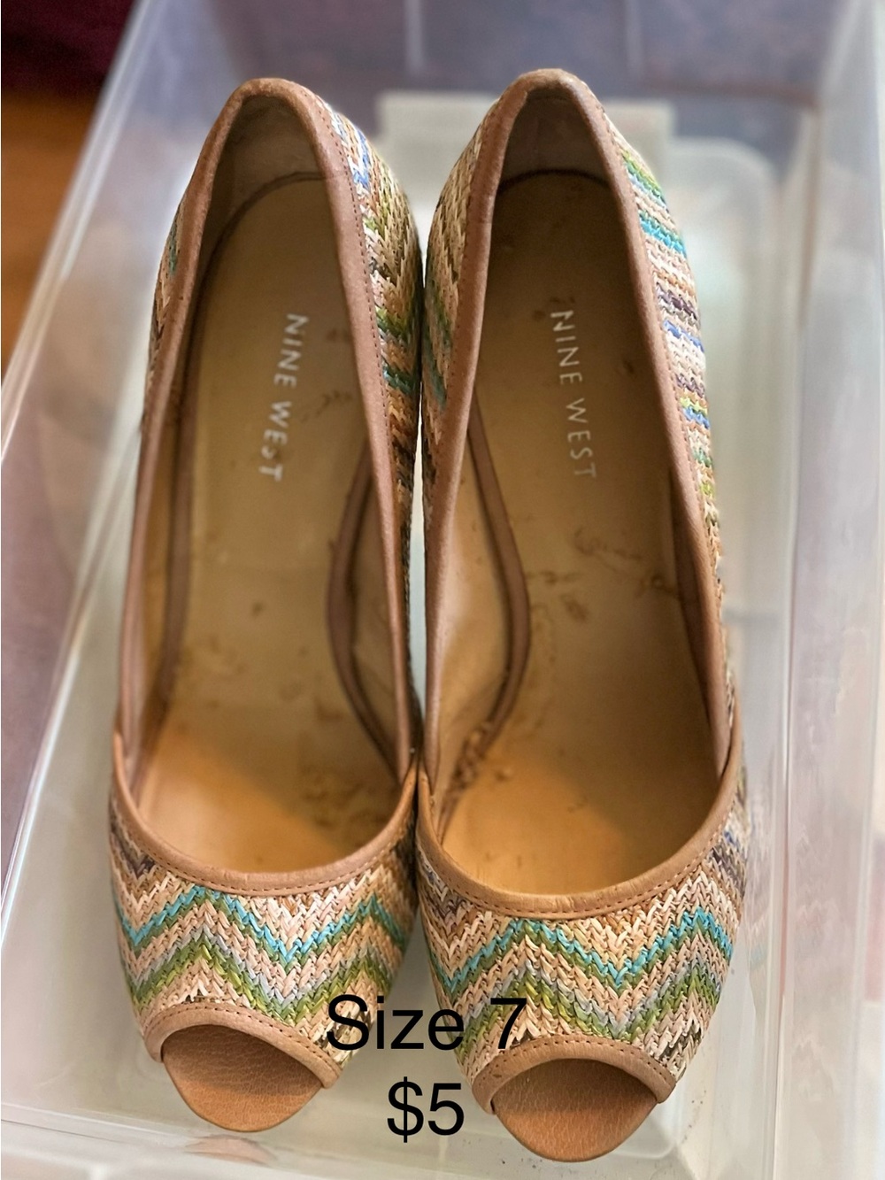 Nine West Multicolor Woven Peep-Toe Heels with Tan Trim